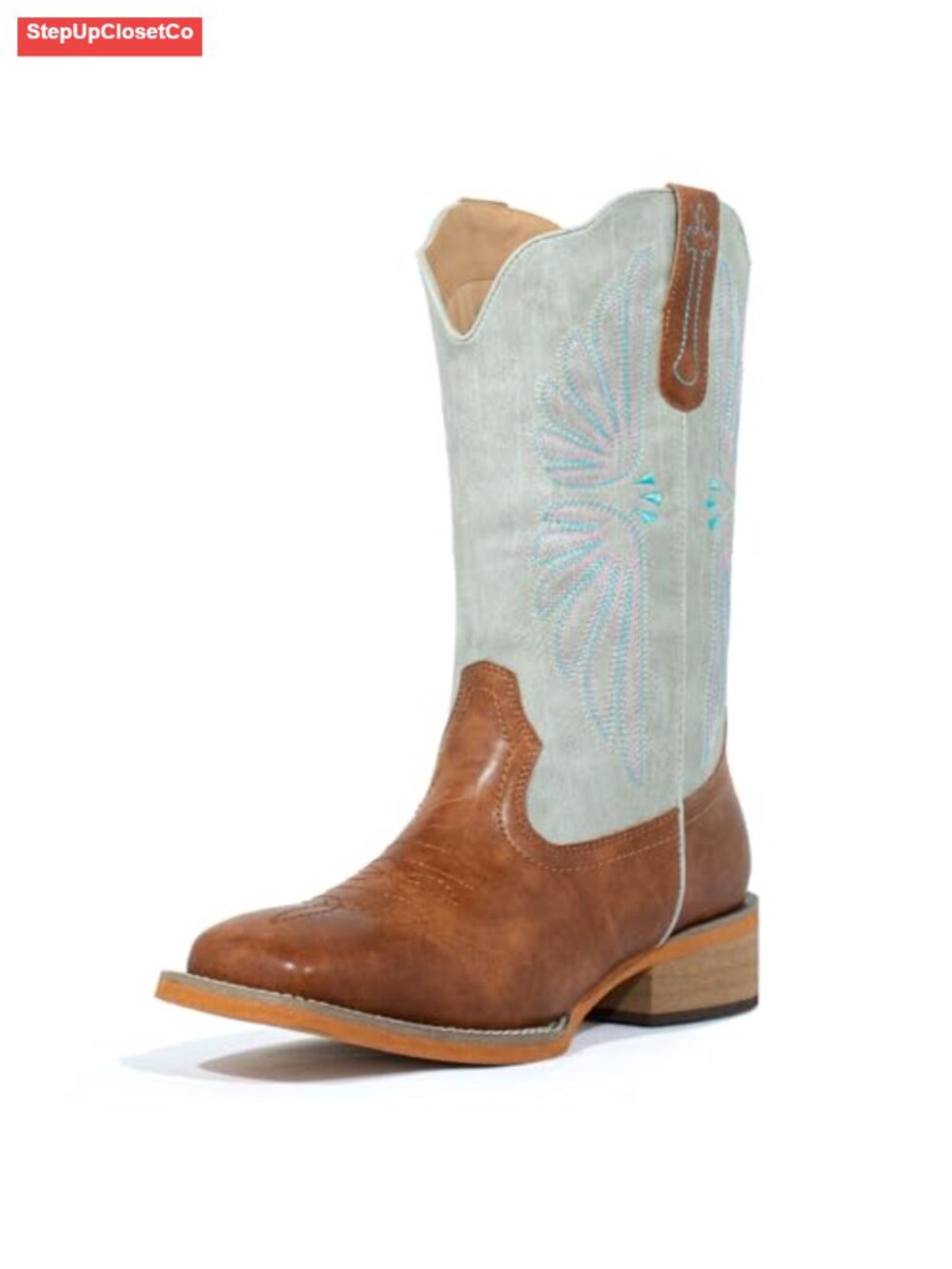 Faux Leather Square Toe Cowgirl Boots Mid Calf Embroidered Pull-On